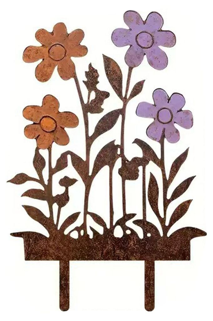 Rostiger Blumen-Gartenstecker, wetterfest, für drinnen und draußen, Garten, Rasen, Terrasse, Weg, Metall, Blumen-Silhouette, Ornament