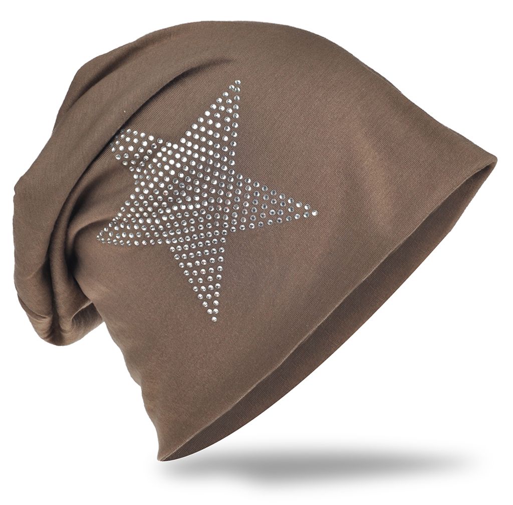 Beanie Muetze Strass Stern Graubraun Produktbild 