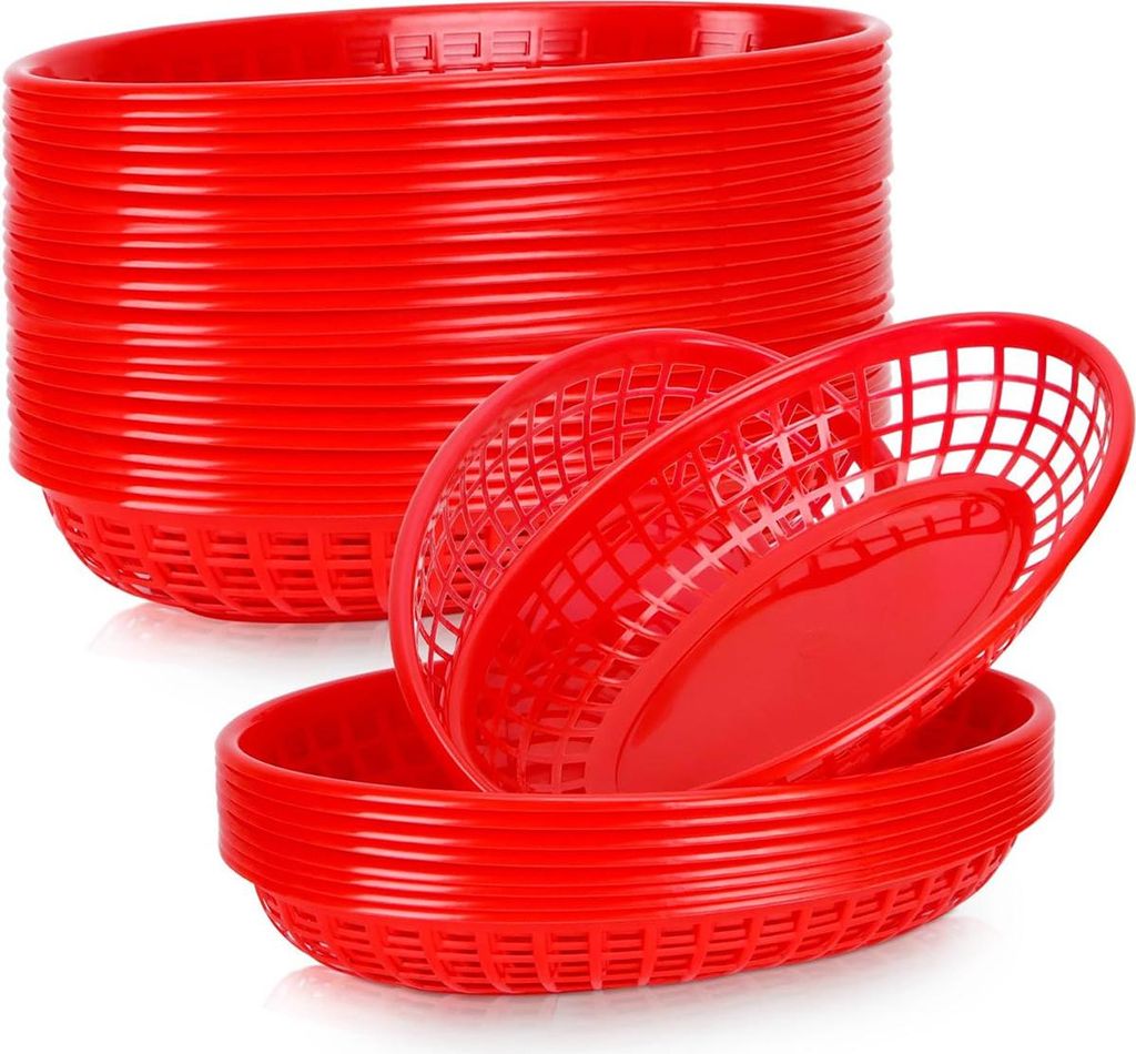 Brotkörbe, 50 Stück Servierkörbe Brotkorb Plastikkörbchen für Pommes Grillfest Picknicks BBQ Servierkörbchen - Rot, 14 x 22,5 x 3,8 cm