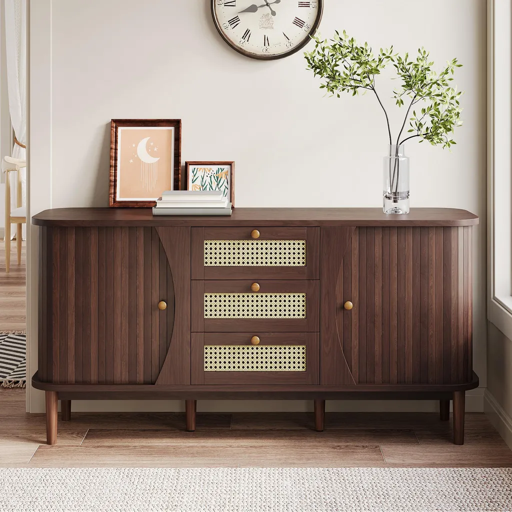 Commode en Rotin 140 cm avec Portes Coulissantes Gain de Place Finition Noix