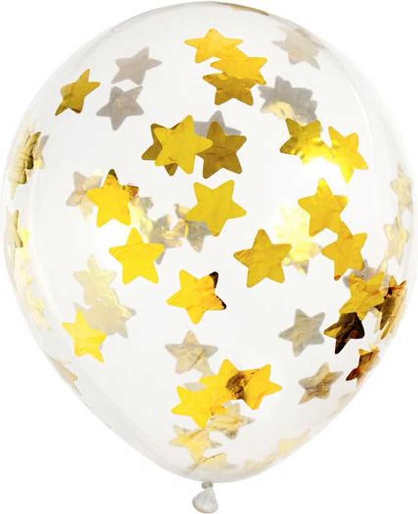 Luftballons Konfetti Sterne 30cm Klar Transparent / Gold 6er Set