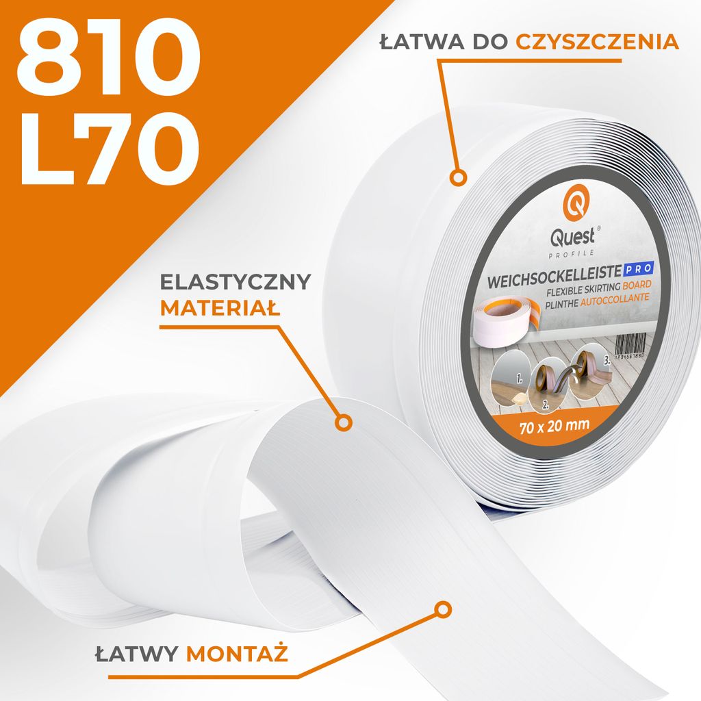 QUEST Listwa przypodłogowa PCV 70x20mm, 10m, elastyczna, Zdjęcie produktu 