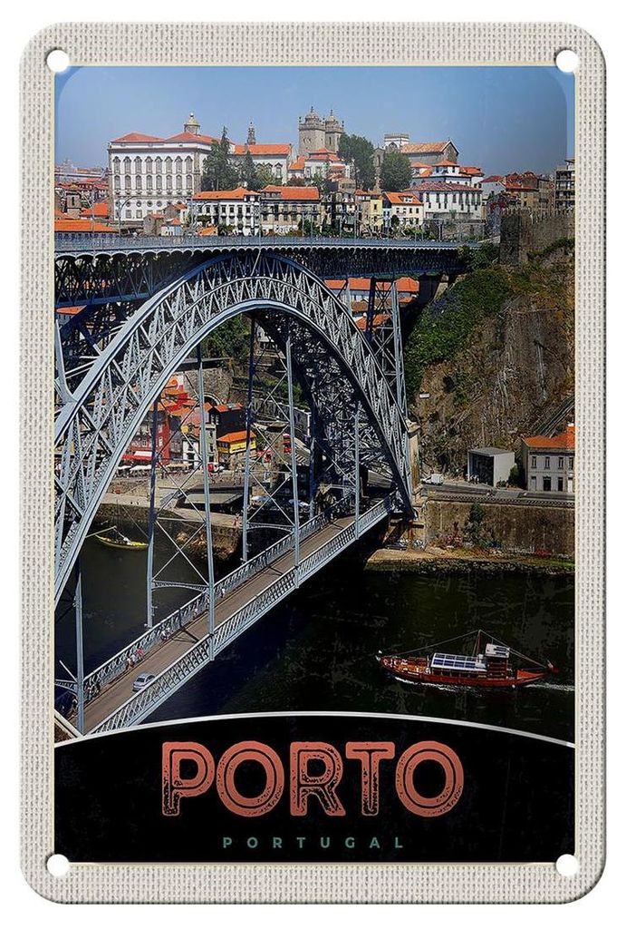 Blechschild Reise 12x18cm Porto Portugal Europa Brücke Dekoration