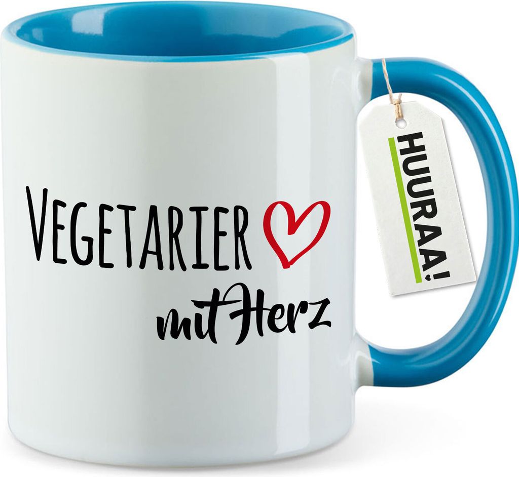 Huuraa Kaffeetasse Vegetarier mit Herz 330ml Blau Keramik Kaffeebecher Geschenkidee