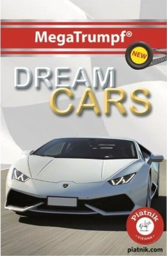 A white sports car is shown in front of a grey and white abstract background, with text overlays advertising "MegaTrumpf" and "DREAM CARS".