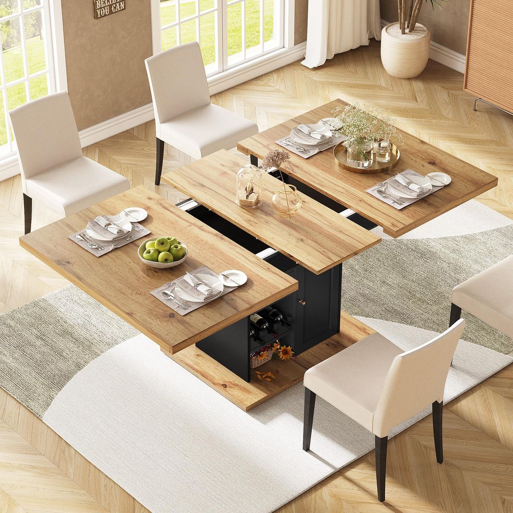 Flieks Esstisch ausziehbarer, Teleskoptisch mit Schrank, Tisch 110-140x80x75 cm, Küchentisch rechteckig, Holzfarbe und schwarz
