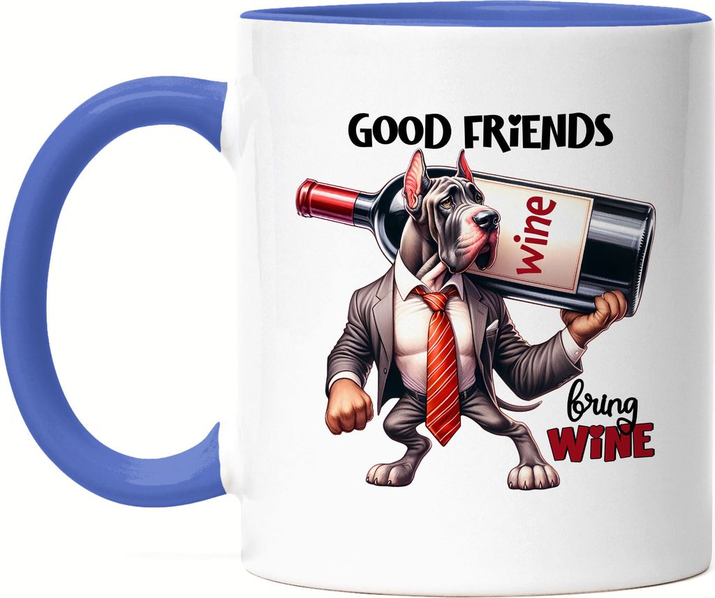 Good Friends Bring Wine Tasse Blau Lustiger Hund Weinflasche Freundschaft Party Geschenk