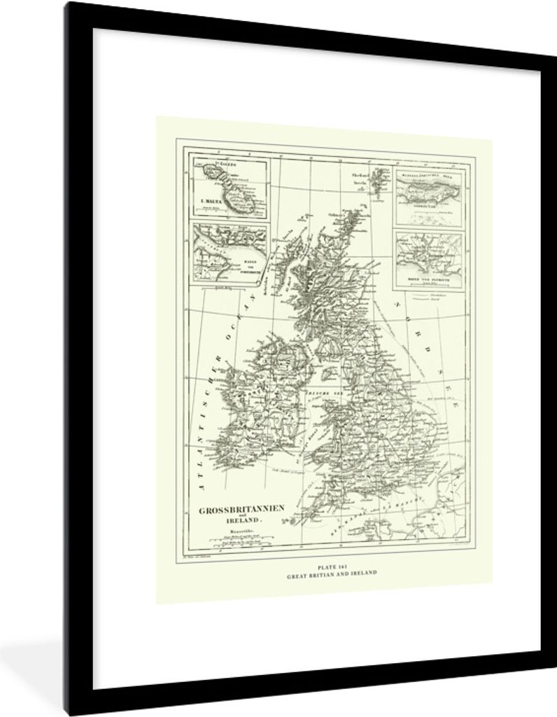 MuchoWow MuchoWow Gerahmtes Poster Klassische Weltkarte von Großbritannien und Irland 60x80 cm - Poster mit zchwarzem Bilderrahmen - Wohnzimme...