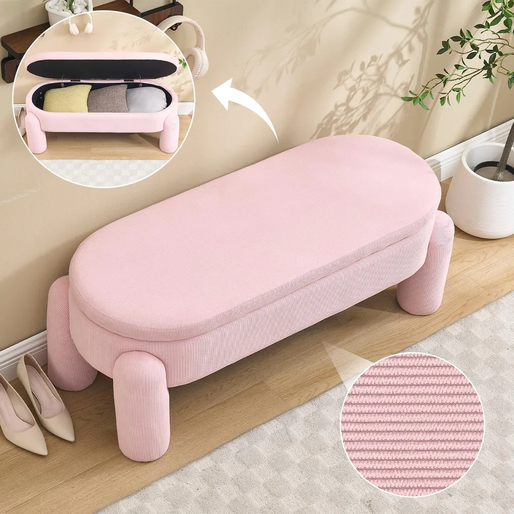Sweiko Banc de Rangement en Chenille Rose avec Structure Bois Massif