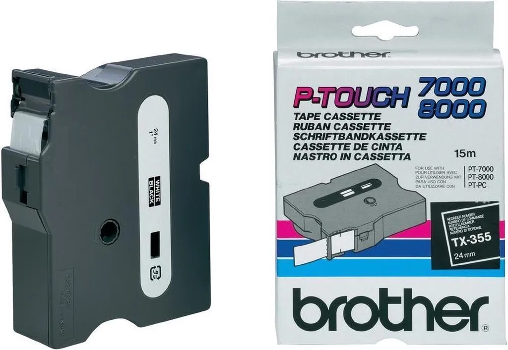 Brother TX-355 Ruban étiqueteuse blanc sur noir 24mm pour P-Touch