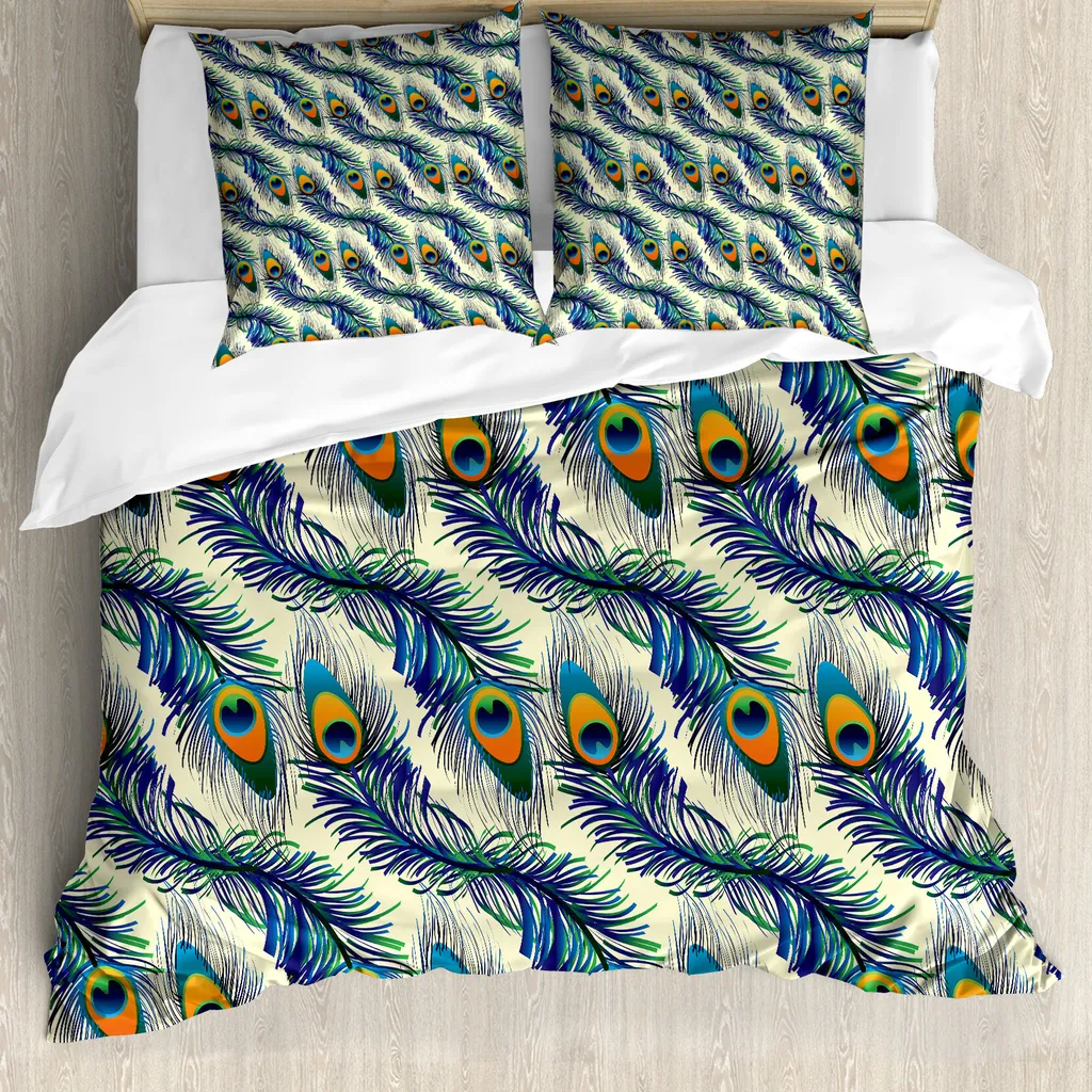 ABAKUHAUS Copripiumino Pavone, ornamento uccello pavone, antiacaro, adatto a chi soffre di allergie, con federe, 155 cm x 220 cm - 80 x 80 cm, blu navy, verde, arancione