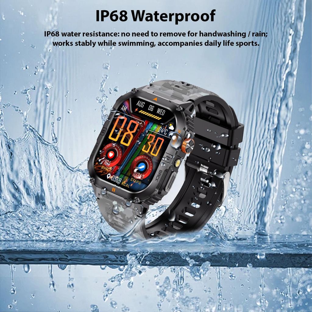 Intelligente Sportuhr mit Fitness-Tracker, LED-Taschenlampe, 2,0-Zoll-Bildschirm, über 100 Sportmodi, BT-Anruffunktion, Camouflage-Schwarz
