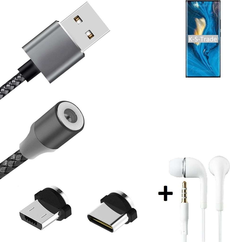 K-S-Trade Hochwertiges Magnet-Lade-kabel Sync-Kabel Daten-Kabel + Kopfhörer kompatibel mit nubia Z30 Pro mit USB-Typ-C-Anschluss und