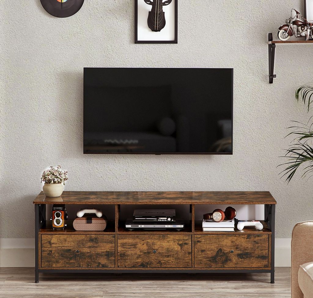 vasagle tv-schrank, tv lowboard , für fernseher bis zu 65 zoll, 147 x 40 x  50 cm, tv-regal mit 3 schubladen, stahlgestell, industrie-design,