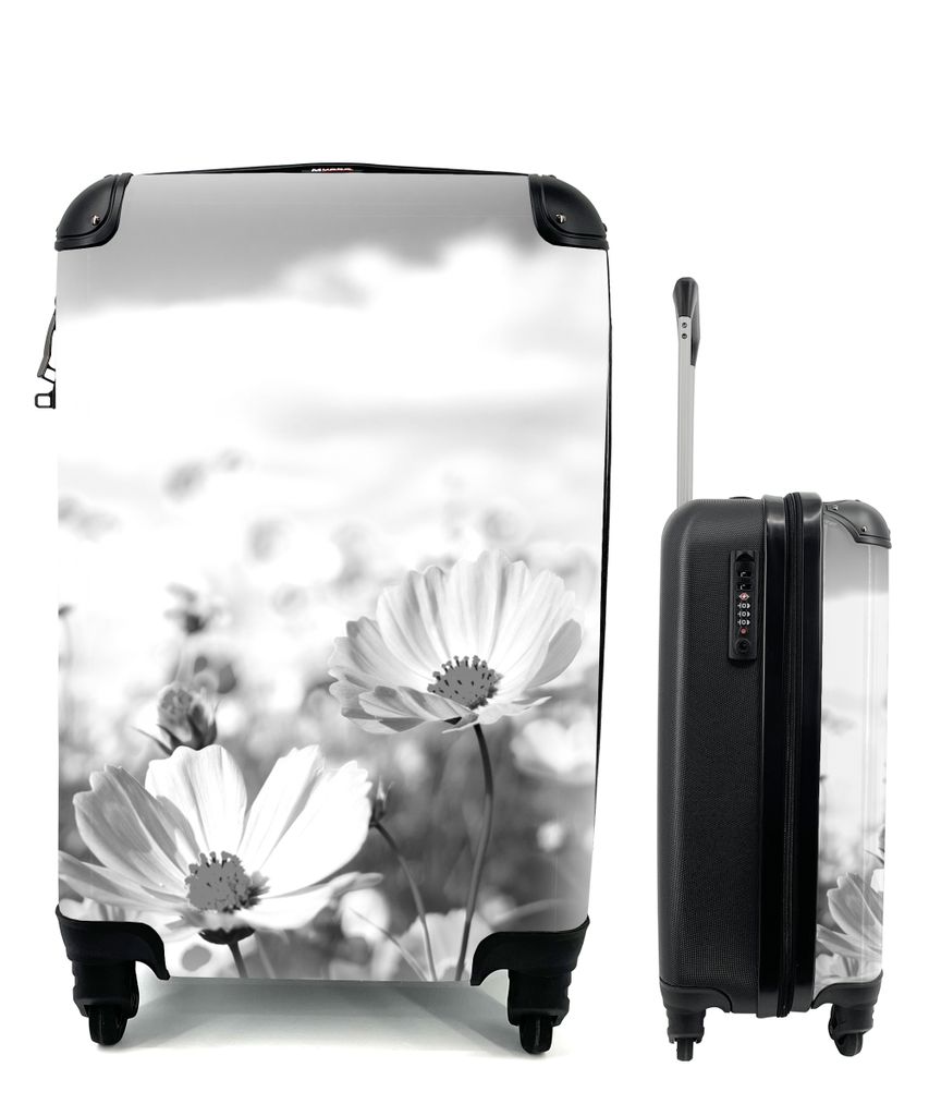 MuchoWow Koffer Handgepäck Trolley Rollkoffer Kleine Reisekoffer mit 4 Rollen - Blumen - Wiese - Lila - Gras - Weiß - Wolken - Blau - Cabin Siz...