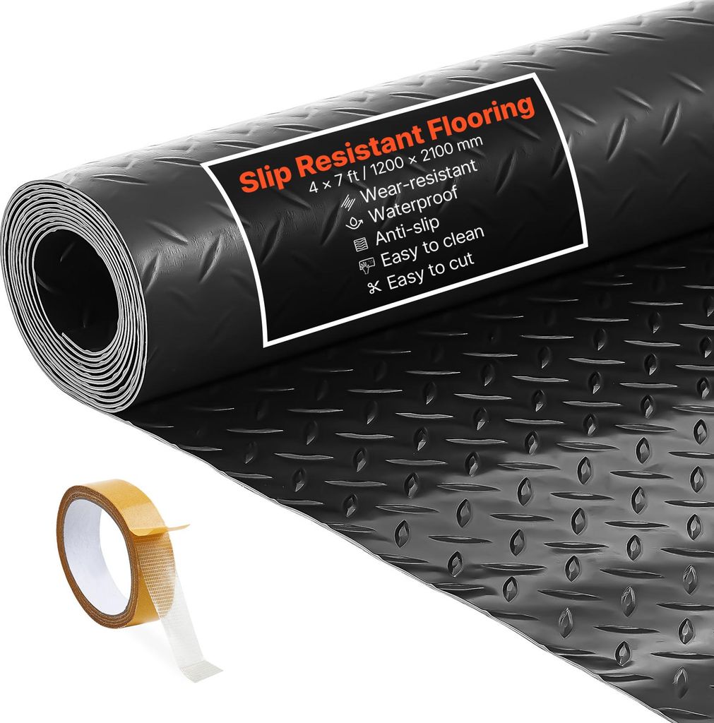 VEVOR Garagenbodenmatte, 1200x2100 mm Antirutschmatte, Meterware, 2,2 mm dicke PVC-Noppenmatte, Bodenschutzmatte mit doppelseitigem Klebeband, für...