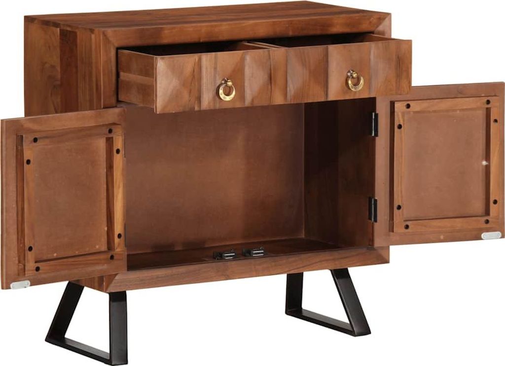 A wooden cabinet with two doors and two drawers, shown from the front with the doors and one drawer open.