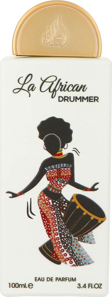 A perfume bottle with a graphic illustration of a woman drumming.