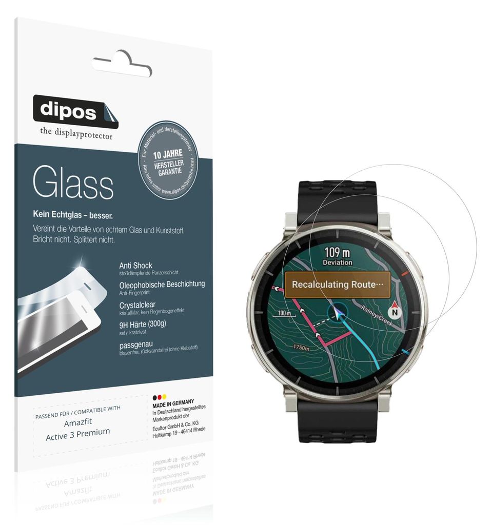 2x Schutzfolie für Amazfit Active 3 Premium - Anti-Shock 9H Folie dipos Glass Kunststoffglas