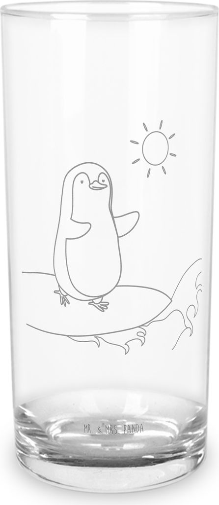 Mr. & Mrs. Panda Glasbecher Pinguin Surfer 400 ml - Transparent - Geschenk, Glas, Urlaub, Portugal, Tumbler, Optimistisch, Trinkglas, Motiviert, Ha...
