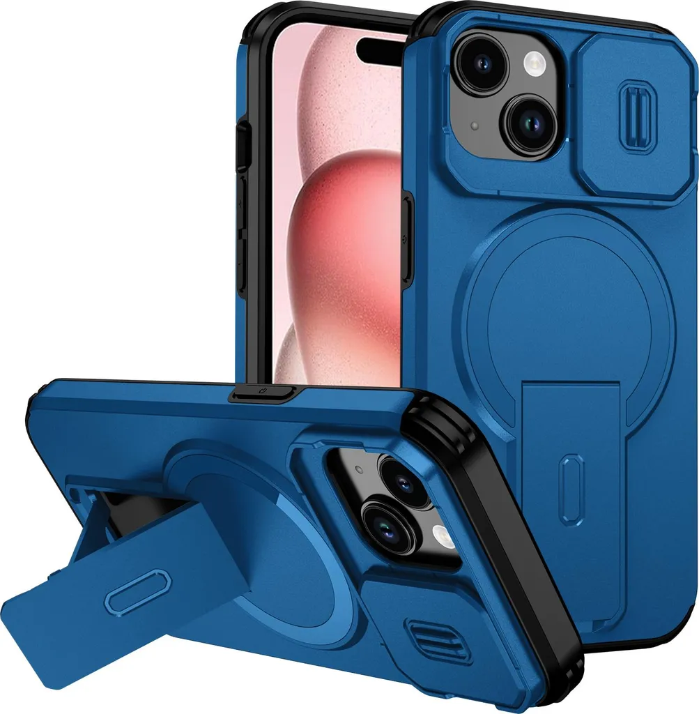 Custodia iPhone 15 Blu con Supporto: Ideale per Viaggi e Videochiamate