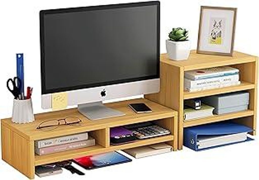 Azatemgo Holz-Computermonitor-Ständer mit Aufbewahrungsregalen, Monitorständer für Laptop, Computer, Notebook, iMac, PC - Naturfarbe