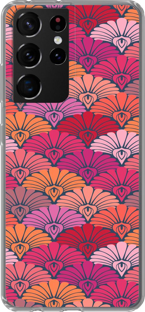 MuchoWow Handyhülle Schutzhülle Hülle für Telefoonhoesje Samsung Galaxy S21 Ultra Muster - Art Deco - Rosa - Blumen Silikon Softcase Handy H...