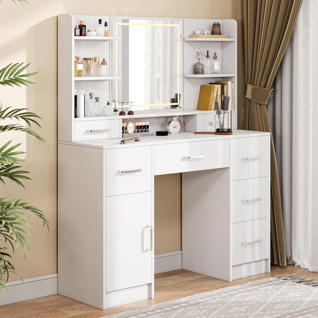Coiffeuse Blanche pour Chambre avec Prises Intégrées et Miroir LED 3 Tons - 8