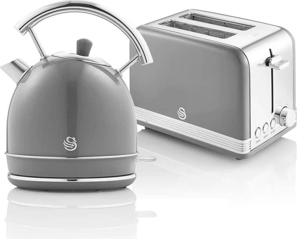 SWAN STP7050GRNEU Retro Set Frühstück, Wasserkocher 1,8L Kabellos, 2 Breitschlitz-Toaster, Vintage Grau