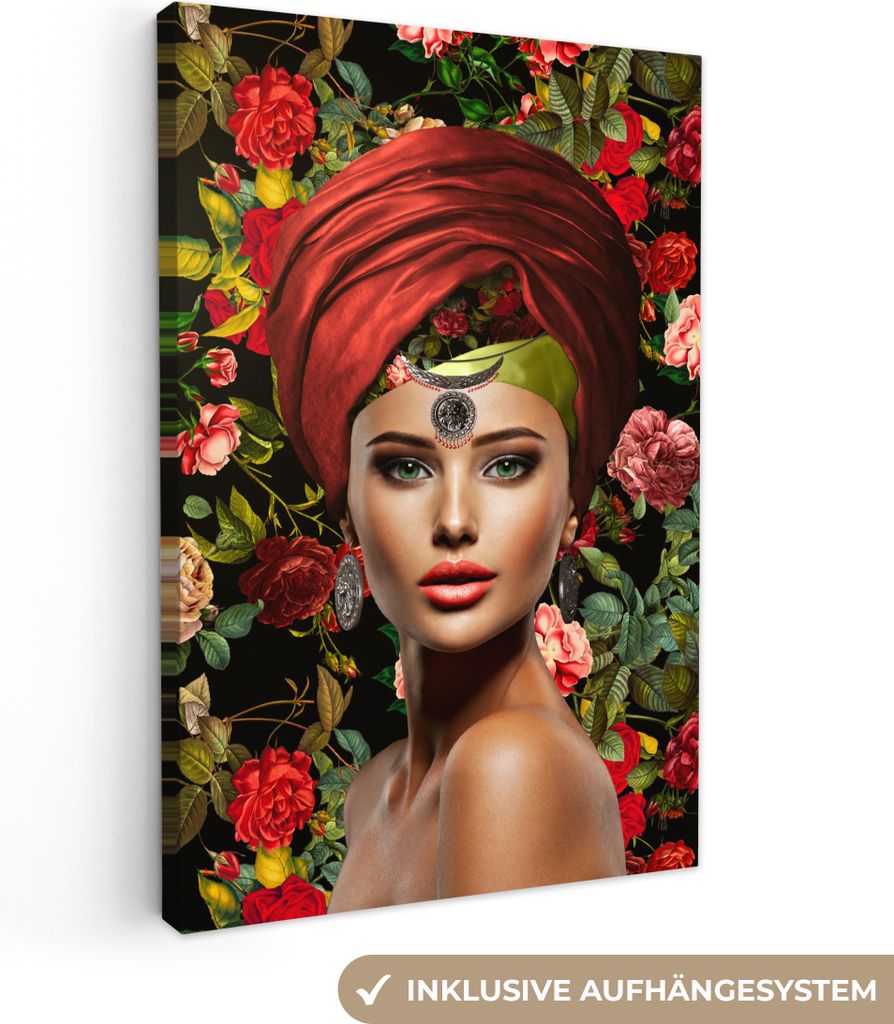 MuchoWow - Leinwandbilder - Frau - Blumen - Bunt, Wandbild, Wanddeko Bilder Wohnzimmer, 80x120 cm