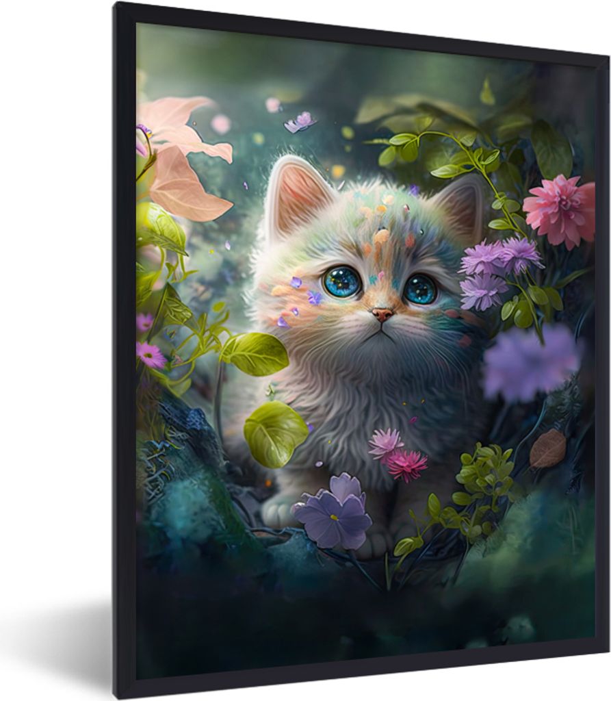 MuchoWow Gerahmtes Poster Kätzchen - Blumen - Wald - Illustration - Katze 60x80 cm - Poster mit Schwarzem Bilderrahmen Wandposter Rahmen Foto Bi...