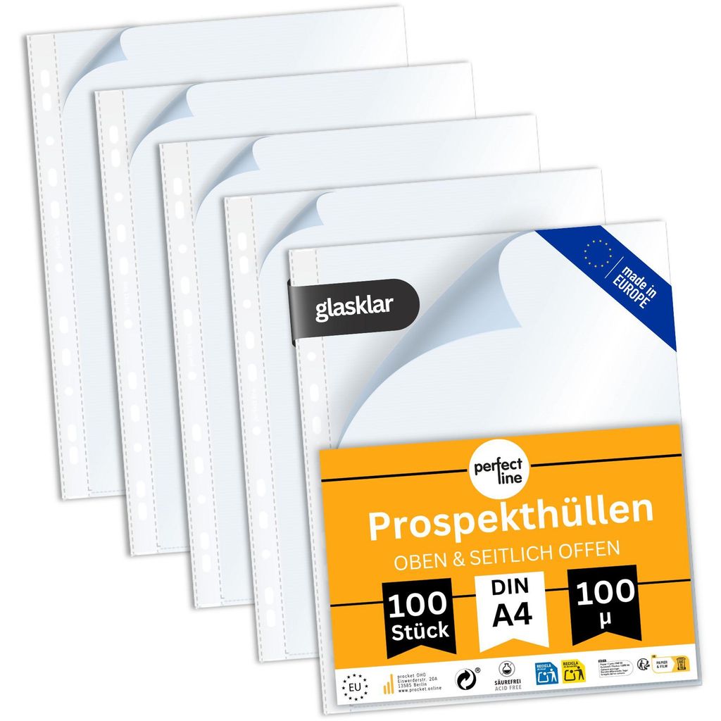 perfect line 100 Prospekthüllen A4 Typ L seitlich offen PP Produktbild 
