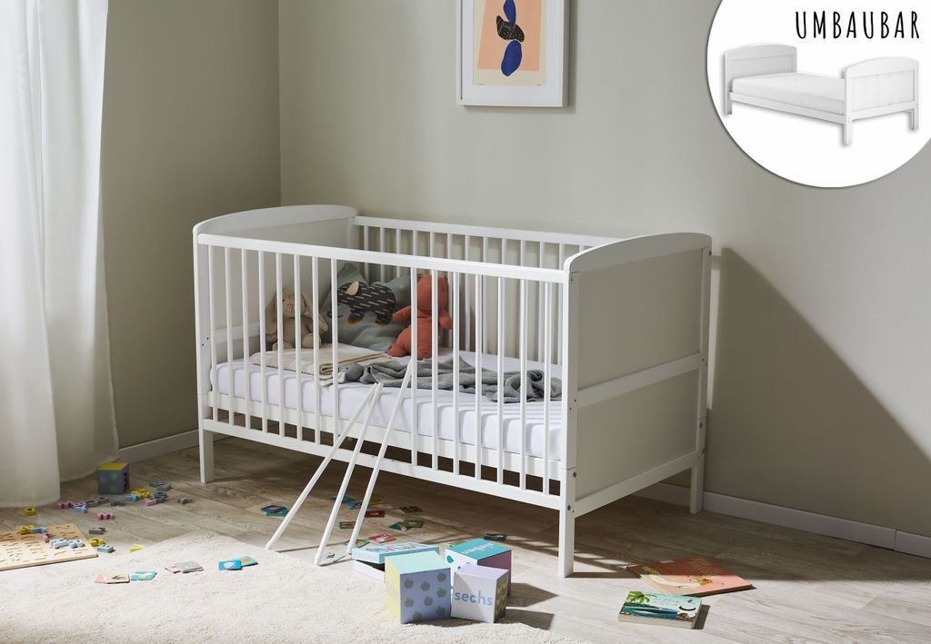 Babybett Kinderbett 70x140 cm mit Matratze Umbaubares Produktbild 