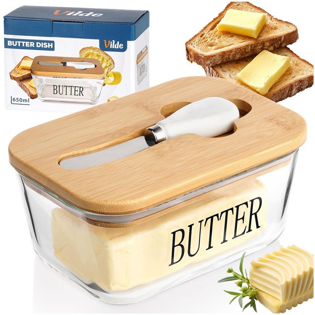 Vilde | Butterdose - aus Glas - mit Bambusdeckel und Buttermesser - Aufbewahrung für Kühlschrank und Tisch