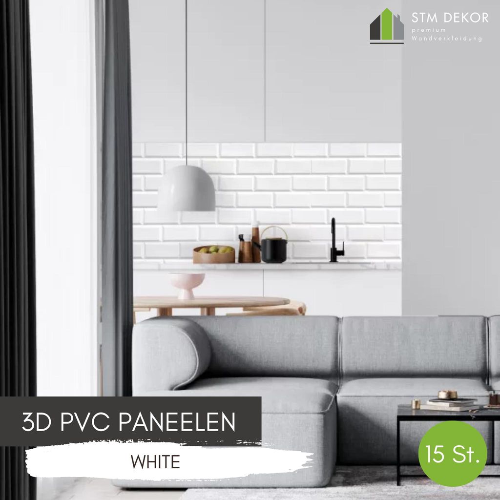 3D-Wandpaneele PVC | Ziegeloptik | White Brick - 15 Platten - 7,5 m² | Für Wohnzimmer, Küche & Bad | Einfache DIY-Montage