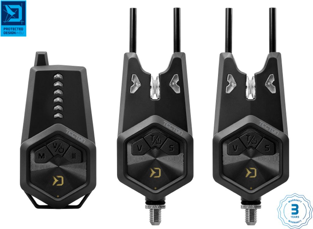 Three black fishing bite alarms are displayed against a white background. The leftmost alarm is slightly different from the other two, suggesting it might be a receiver unit. The other two appear to be the main bite alarms. A small blue and white logo is i
