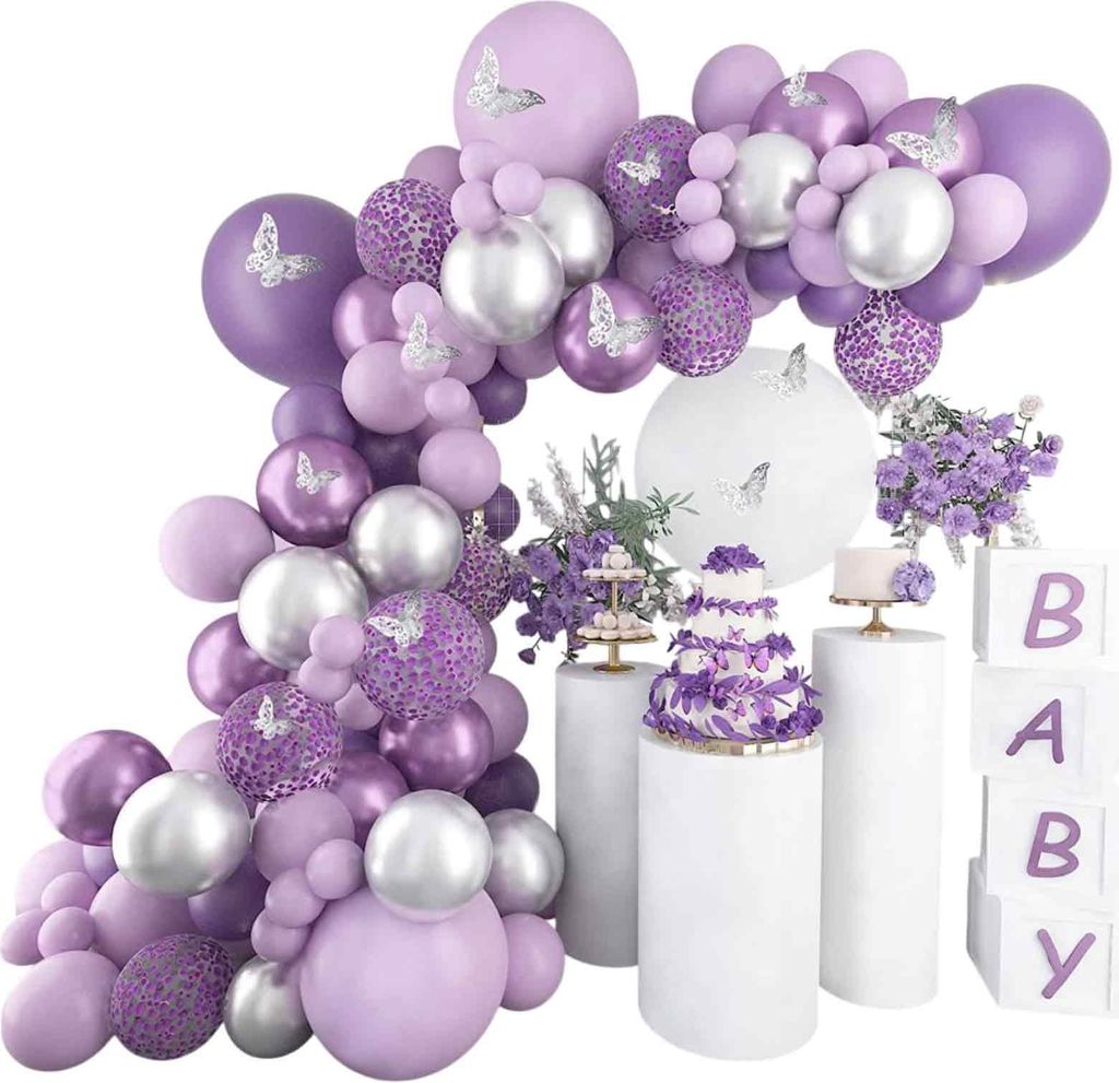 140-teiliges Set mit lila Ballongirlanden – wunderschöne lila und silberne Luftballons in Metallic mit bezaubernden Schmetterlingsaufklebern, id...