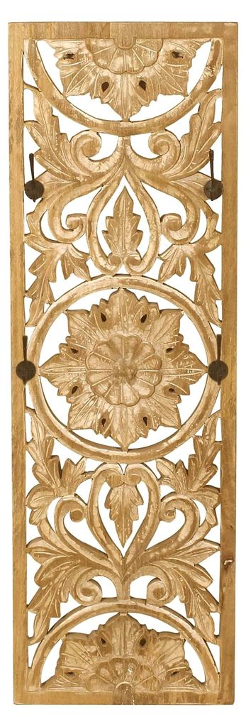 Garderobenpaneel aus naturbelassenem Mango-Holz mit 4 Doppelhaken, Wandgarderobe im Ethno/Vintage-Stil, 35x8x110 cm