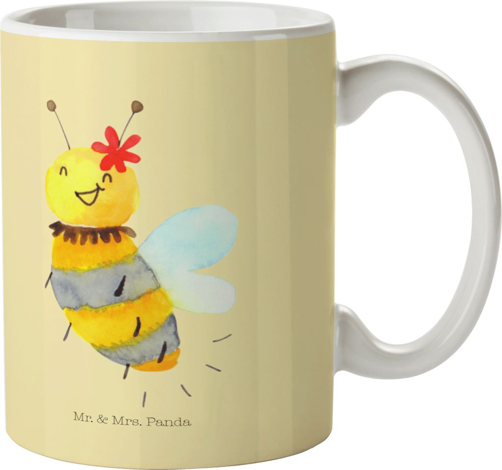 Mr. & Mrs. Panda Trinkbecher Biene Blume - Gelb Pastell - Geschenk, haferl, kaffeebecher bedruckt, Tasse, Teetasse, Kaffeetasse, Hummel