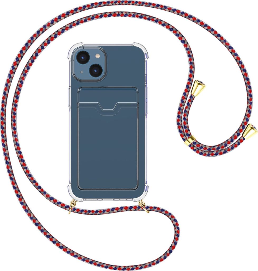 Handykette Backcover-Schutzhülle mit Band (Metall goldfarben) für Apple iPhone 15 - silber/blau/rot