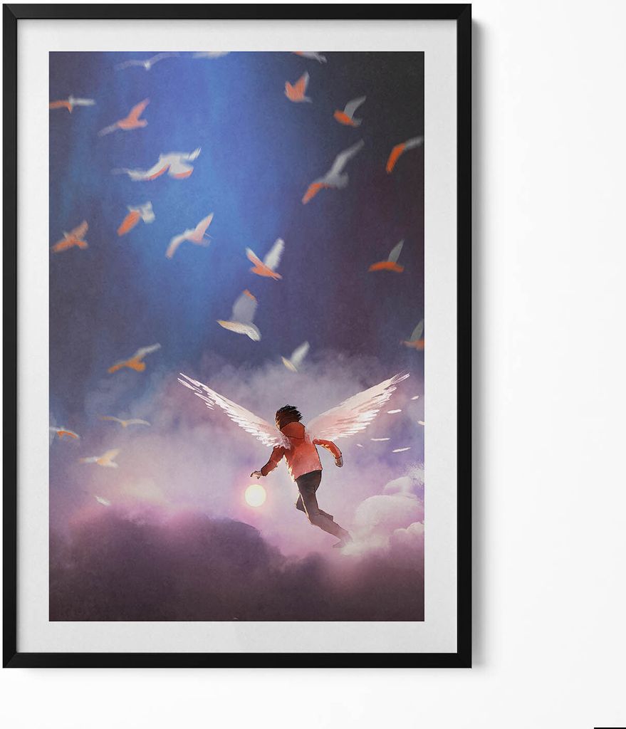 Junge mit Engelsflügeln– Wandbild mit Rahmen – Gerahmtes Bild – Wanddekoration – 70x100 cm – Schwarz Rahmen