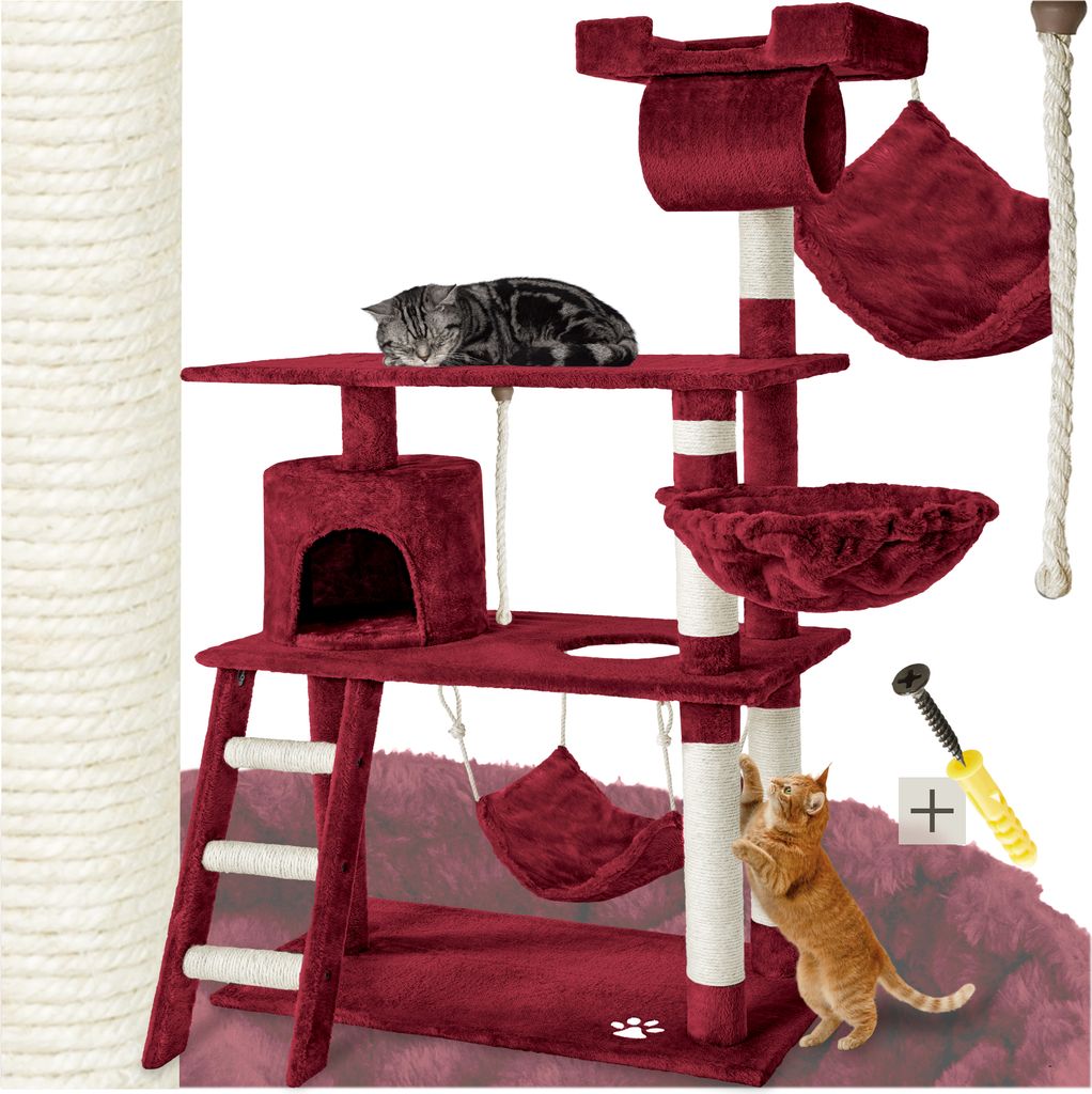 A multi-level cat tree with various platforms, a hammock, a hideaway, and a scratching post, shown with a cat resting on one platform and another cat playing.