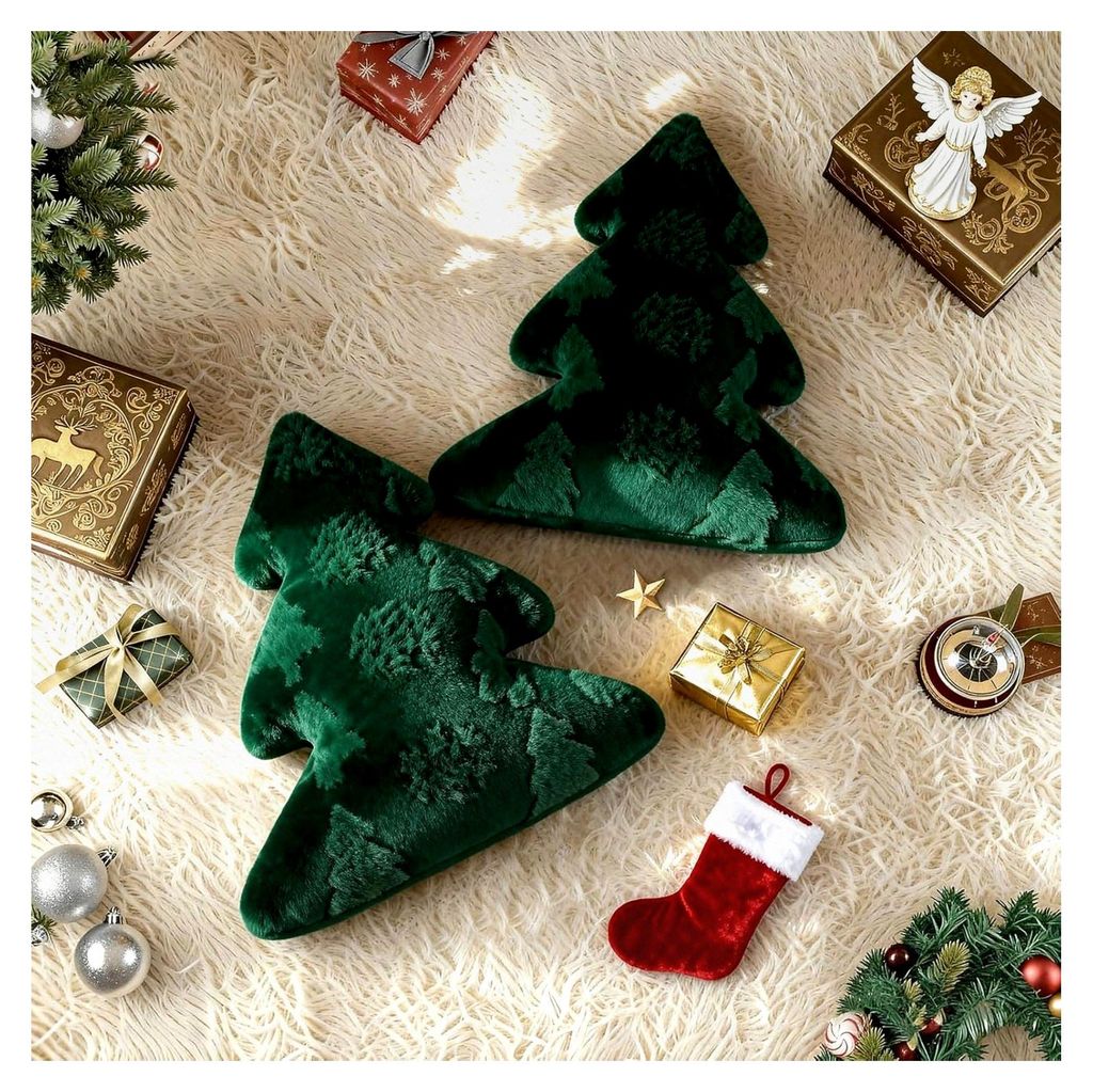 2 Stück Weihnachtsbaum Kissen, Schneeflocken- und Baumdesign, Dekokissen für Party, Bett, Sofa und Couch, Weihnachtsdeko (Grün, 40,5x45,5cm)