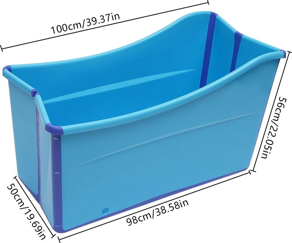 Faltbare Badewanne mobil - Freistehende Badewanne - Groß bis 1,6 m Körpergröße - Für Kinder & Erwachsene - Tragkraft 90 kg - Rechteckig - Blau