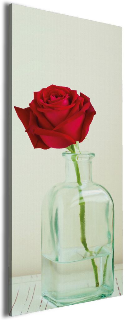 Wallario Premium Leinwandbild Rote Rose in Glasvase in Größe 30 x 75 cm