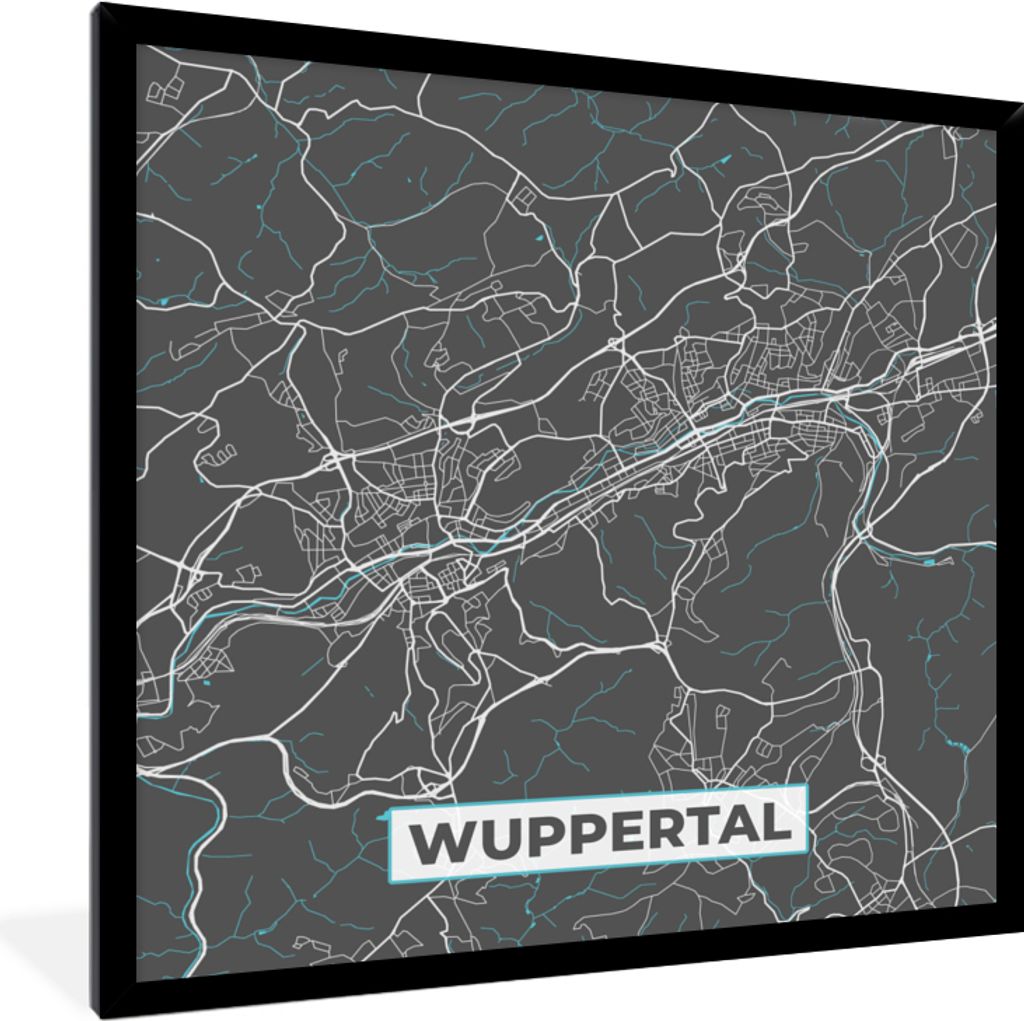 MuchoWow Gerahmtes Poster Karte - Wuppertal - Blau - Stadtplan - Deutschland 40x40 cm - Poster mit Schwarzem Bilderrahmen Wandposter Rahmen Foto ...
