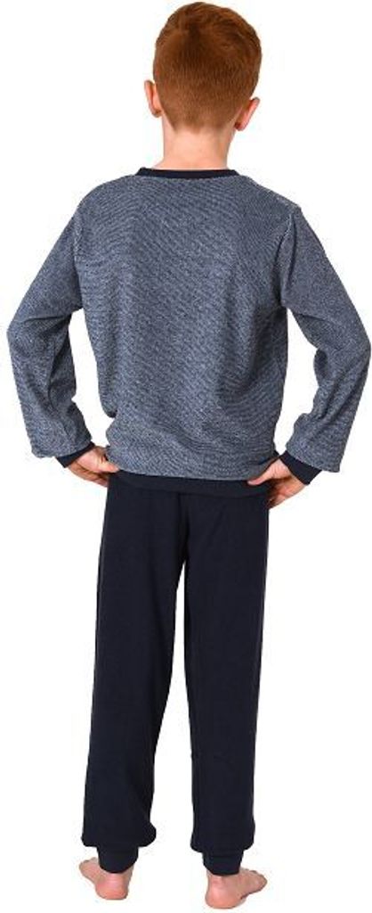 Warmer Jungen Frottee Pyjama / Schlafanzug mit Bündchen und Stickerei ; hellblau , 140