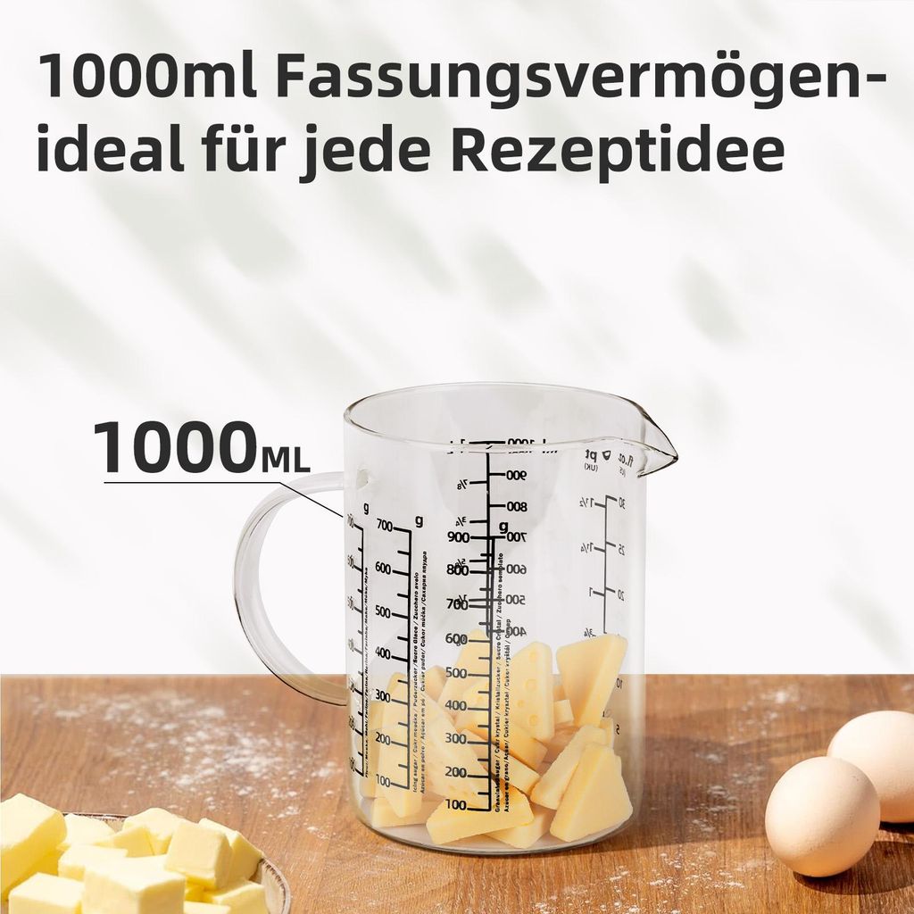 Messbecher 1L Glas hitzebeständig Messkanne Dosierhilfe 1000ml Messbehälter