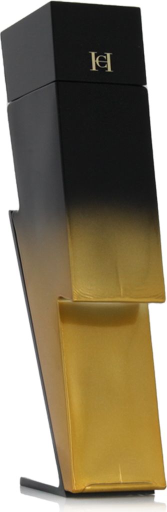 A black and gold lightning bolt-shaped perfume bottle.