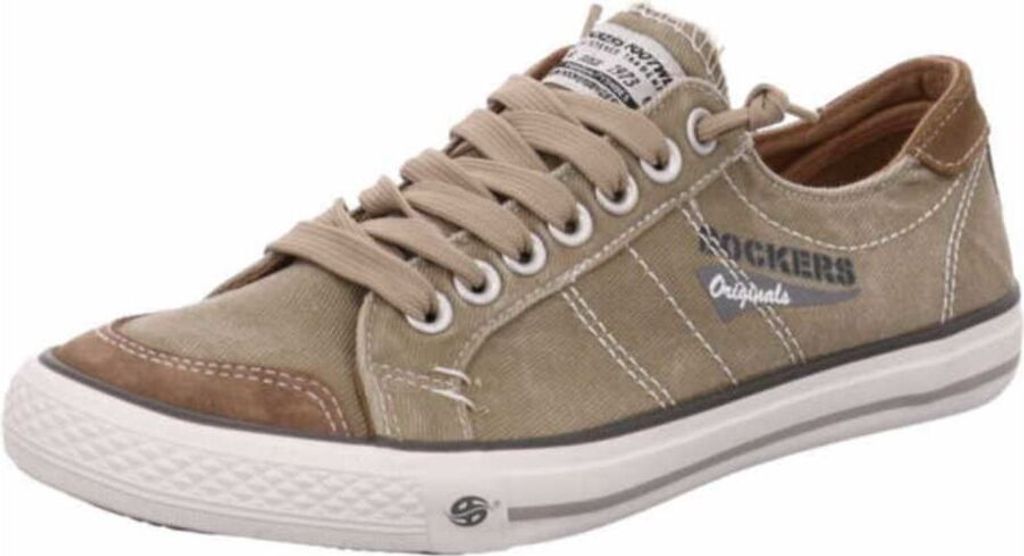A single tan canvas sneaker with brown accents is shown from a side-angle against a white background.